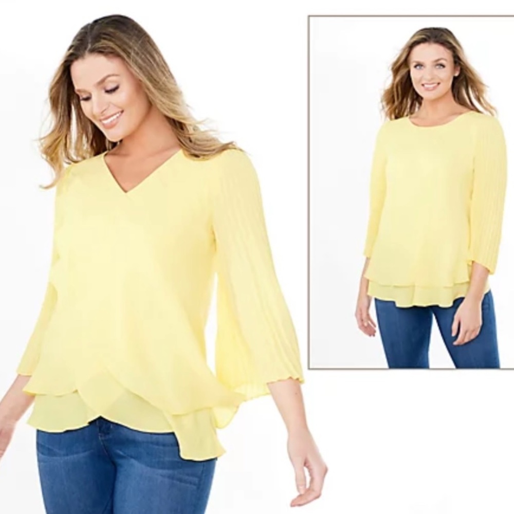 New Women’s Blouse Top Reversible Pleated Flowing Laurie Felt Sunny Yellow Small
